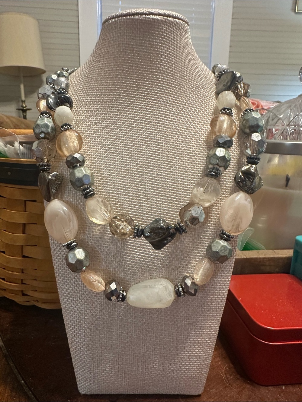 Ruby Rd Chunky Beaded Statement Necklace Silver Champagne Glass Bead Silver Tone